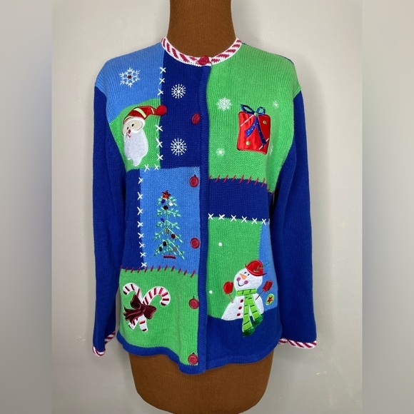 Christmas Holiday Sweater Cardigan Candy Cane Trim Sequins Size Medium - Picture 1 of 6